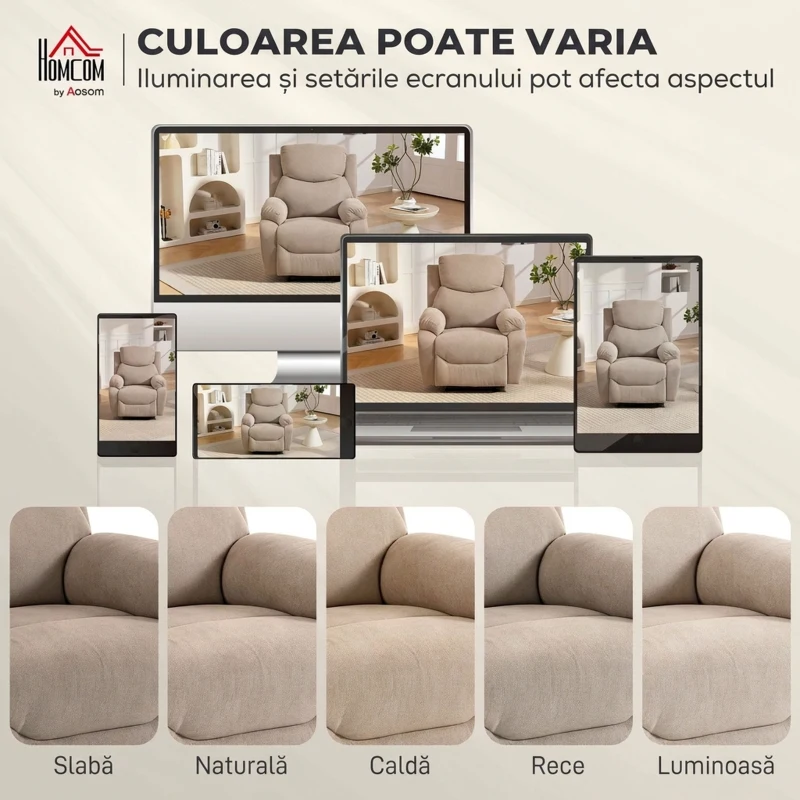 HOMCOM Fotoliu Rabatabil Manual cu Perne Groase, Mânere Căptușite și Suport pentru Picioare, Bej