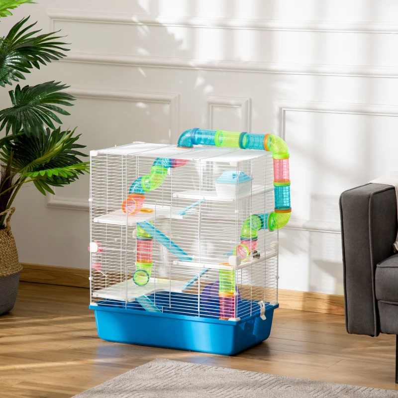 PawHut 5 Tier Hamster Cage, Gerbil Cage with Exercise Wheel, Feeder Bowl, Tube, Water Bottle, 59L x 36W x 69H cm - Blue