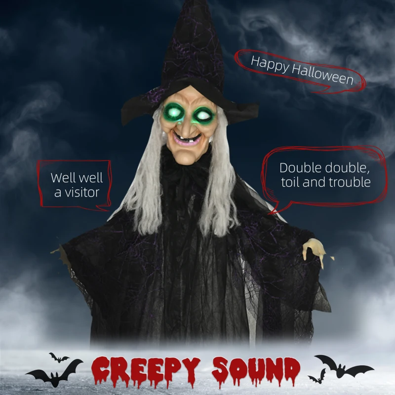 HOMCOM 6ft Outdoor Halloween Decoration Witch, Hanging Witch Prop Life Size with Sound and Motion Activated, Light Up Eyes, Talking Sound, Posable Arms