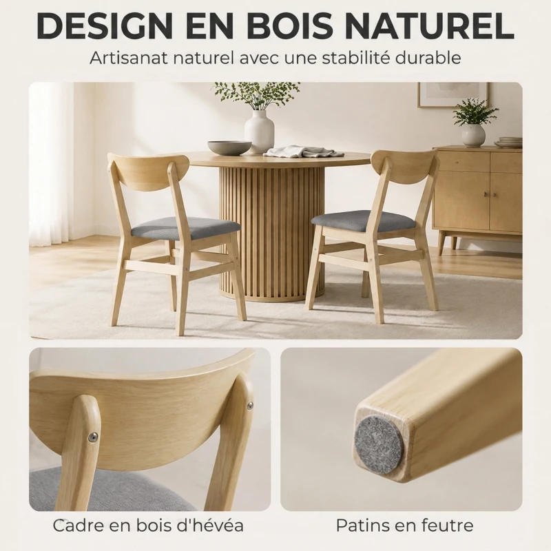 HOMCOM Lot de 2 Chaises de Salle à Manger, Chaises Cuisine, Assise Rembourrées en Lin, Dossier Incurvé, Gris et Bois Naturel