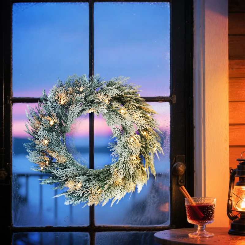 HOMCOM 60cm/ 24inch Flocked Prelit Christmas Wreath