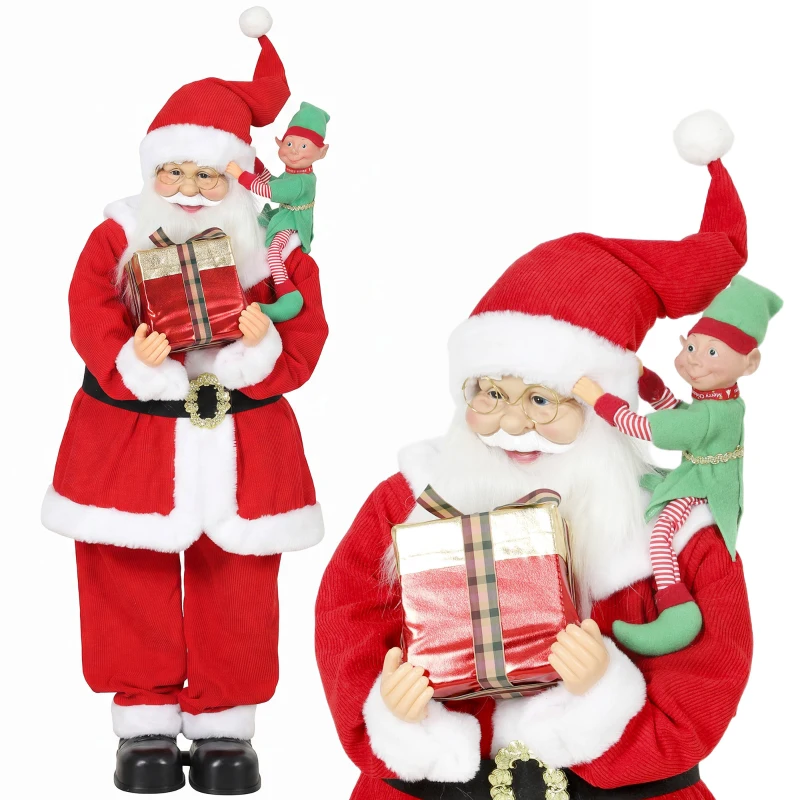 HOMCOM 4ft Singing Dancing Santa Claus, Standing Christmas Animated Santa Figure with Elf, Gift Box, Sound/Touch Activated