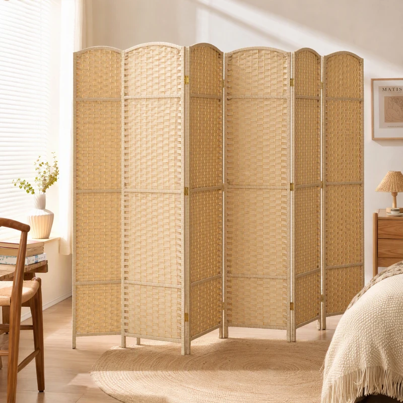 HOMCOM Paravent interieur en bois 6 panneaux 240 x 170 cm séparateur de pièce pliable pour salon, chambre à coucher, naturel