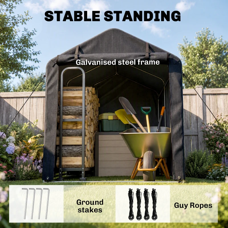 Outsunny 2.2 x 1.6 m Garden Storage Tent, Waterproof Anti-UV Portable Shed with Roll-up Zipper Door, Galvanised Outdoor Storage Shelter Carport  for Firewood, Garden Tools, Black