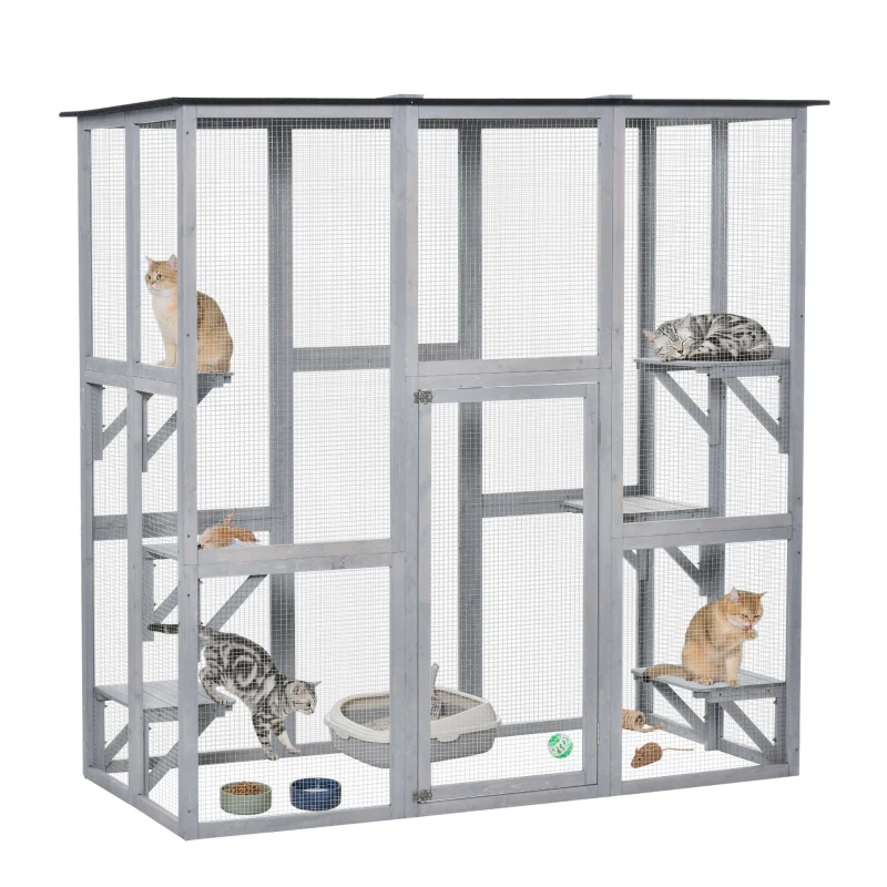 PawHut Wooden Catio Cat Outdoor Enclosure, Cat Cage with Waterproof Roof, Platforms, for Multiple Kittens, 180 x 98 x 180 cm