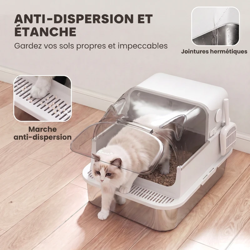 PawHut Bac à Litière pour Chat en Acier Inox avec Couvercle 3 en 1 Bords Hauts Pelle et Sacs Anti-Odeur XL 70x50x46cm Blanc