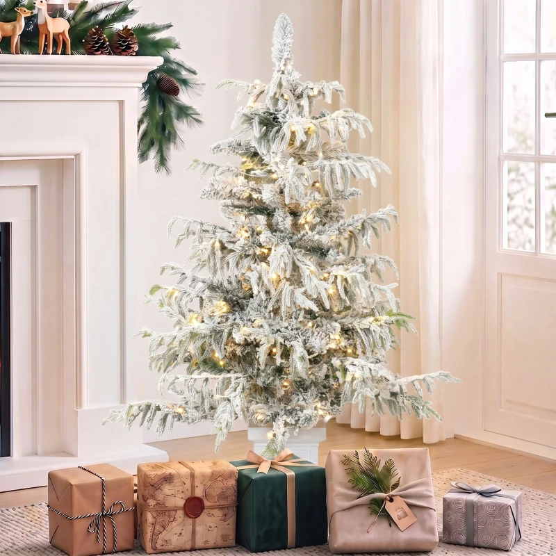 HOMCOM 4ft Prelit Flocked Christmas Tree, Artificial Snow Flocked Spruce with 160 Warm White LED Lights, 8 Modes, Green