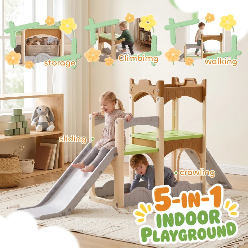 AIYAPLAY 5 in 1 Kids Indoor Playset Toddler Slide with Climbing Wall Storage Space Dual Platforms Indoor Playground for 3-6 Years