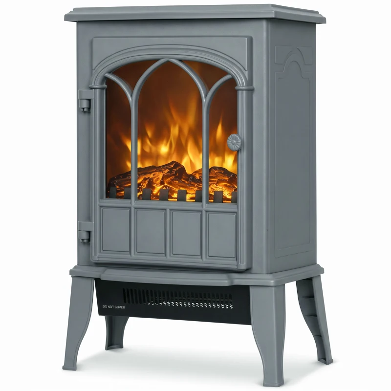 HOMCOM Freestanding Electric Fireplace, Electric Log Burner with LED Flame Effect, Overheating Safety System, 1000W/2000W Grey