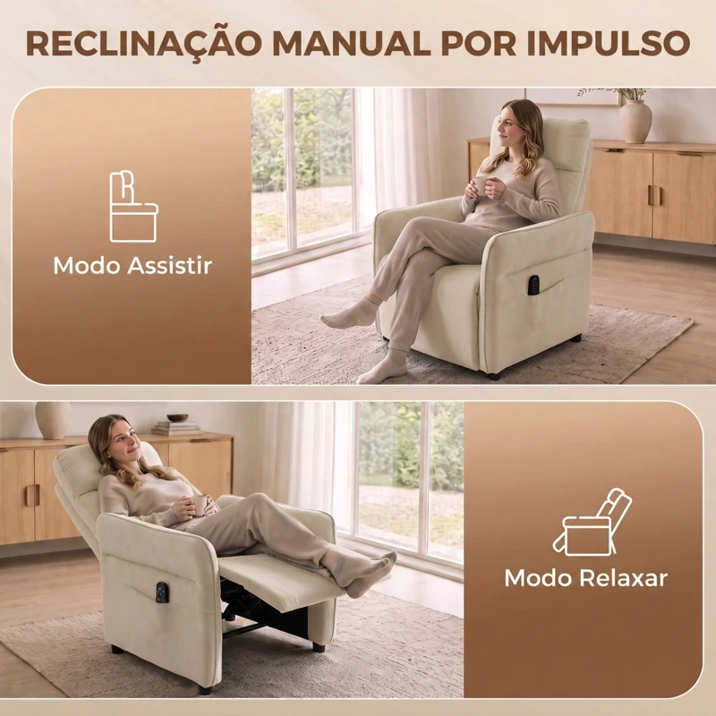 HOMCOM Poltrona de Massagem com Aquecimento, Reclinação Push-Back 135°, Apoio para Pés, Apoios de Braços Ajustáveis e 2 Bolsos, Bege