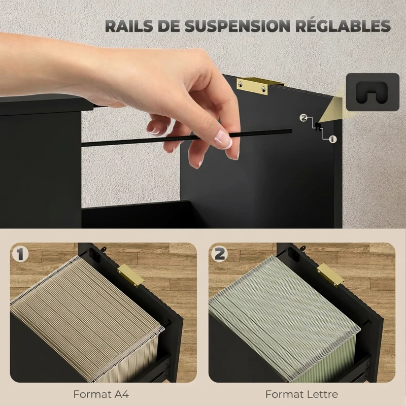 HOMCOM Caisson de Bureau 3 Tiroirs Silencieux Verrouillables pour Formats Lettre/A4, Support d'Imprimante, 40x40x101cm, Noir
