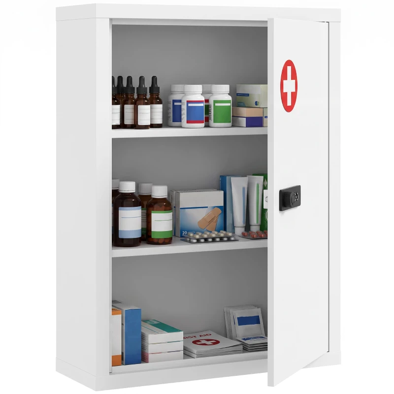 HOMCOM Wall Mount Medicine Cabinet, Bathroom Cabinet with Combination Lock, Door and Storage Shelves, White