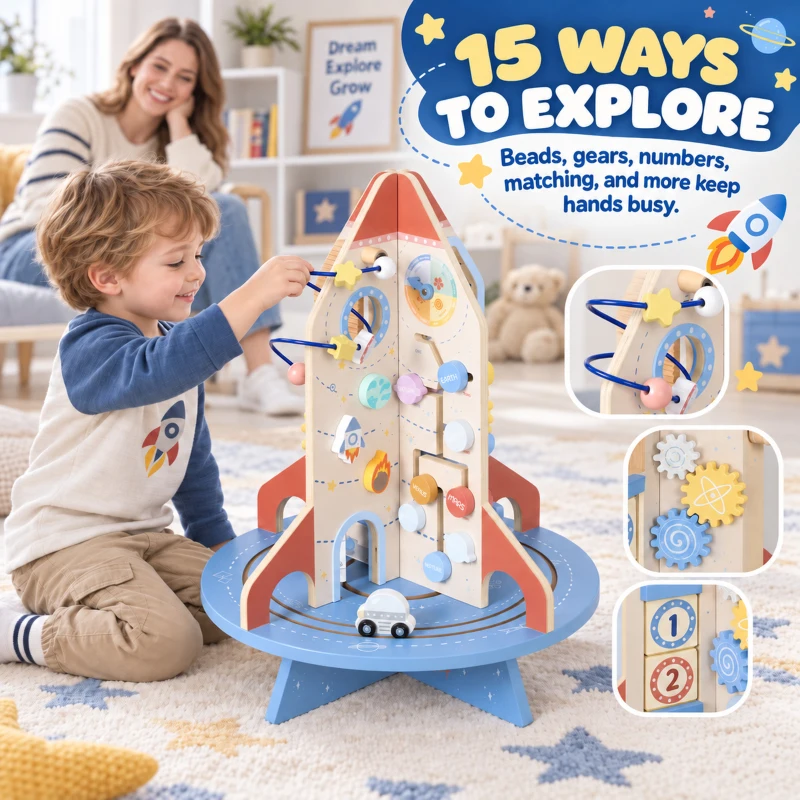 AIYAPLAY Wooden Activity Cube, Rocket Theme Educational Toys with Shape Sorter & Bead Maze for Toddlers 24M-6Y Fine Motor Skill