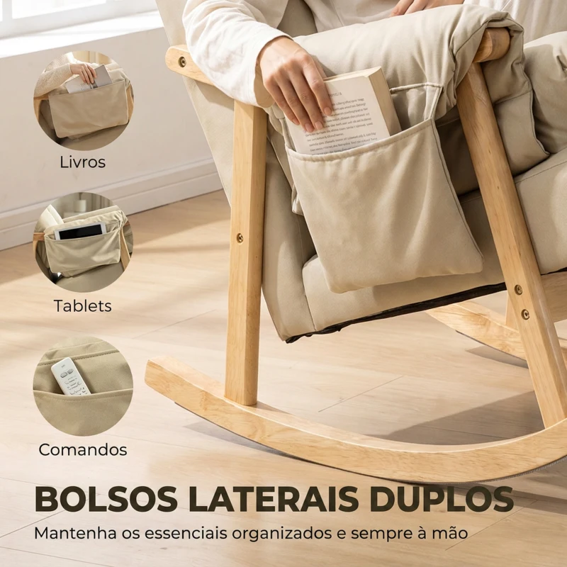 HOMCOM Cadeirão de Baloiço em Leathaire com Bolsos Laterais e Pés em Madeira de Seringueira, Bege