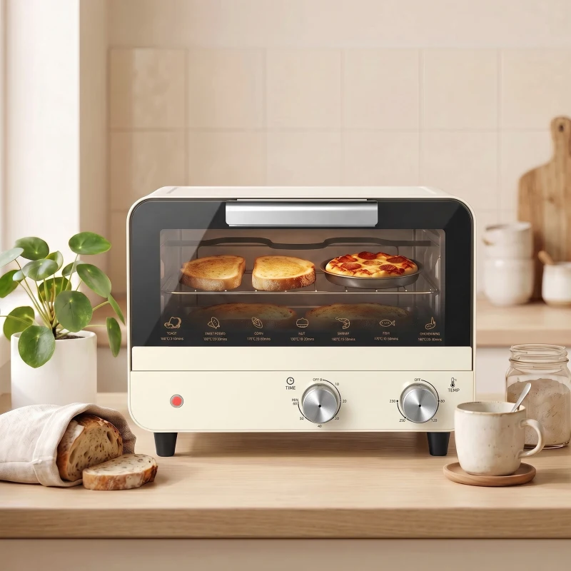HOMCOM Mini Oven, Small Toaster Oven with Glass Door, Adjustable Temperature and Timer, Accessory Included, 750W, Cream White