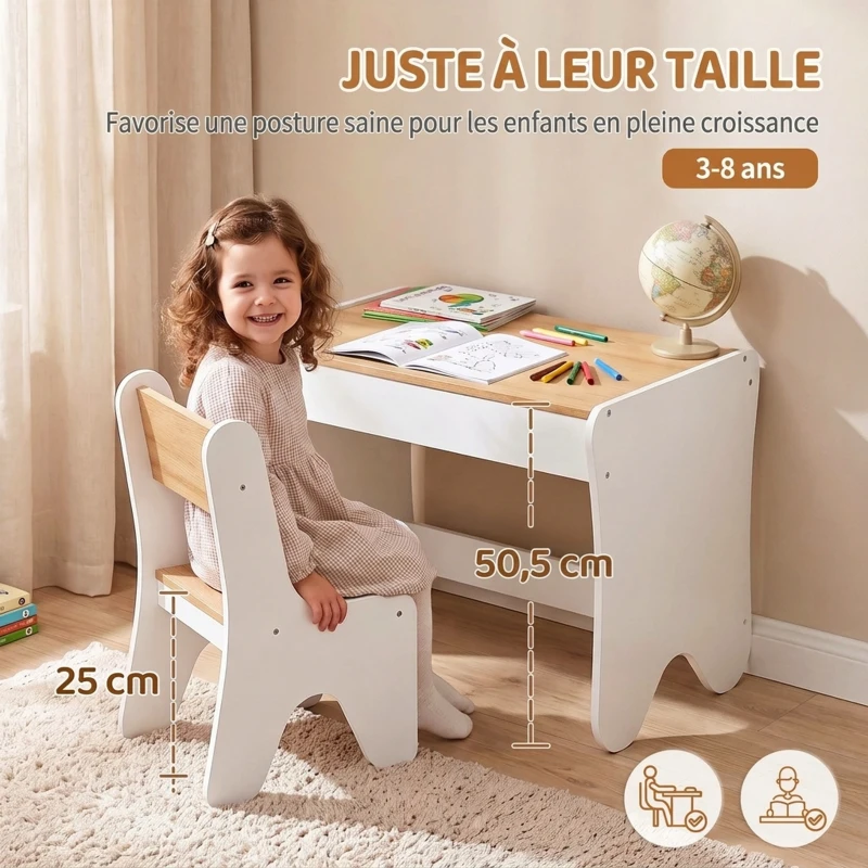 AIYAPLAY Bureau et Chaise pour Enfant 2 Pièces, Ensemble Table d'Activité avec Tiroir, 3 à 8 Ans, Blanc et Bois Naturel