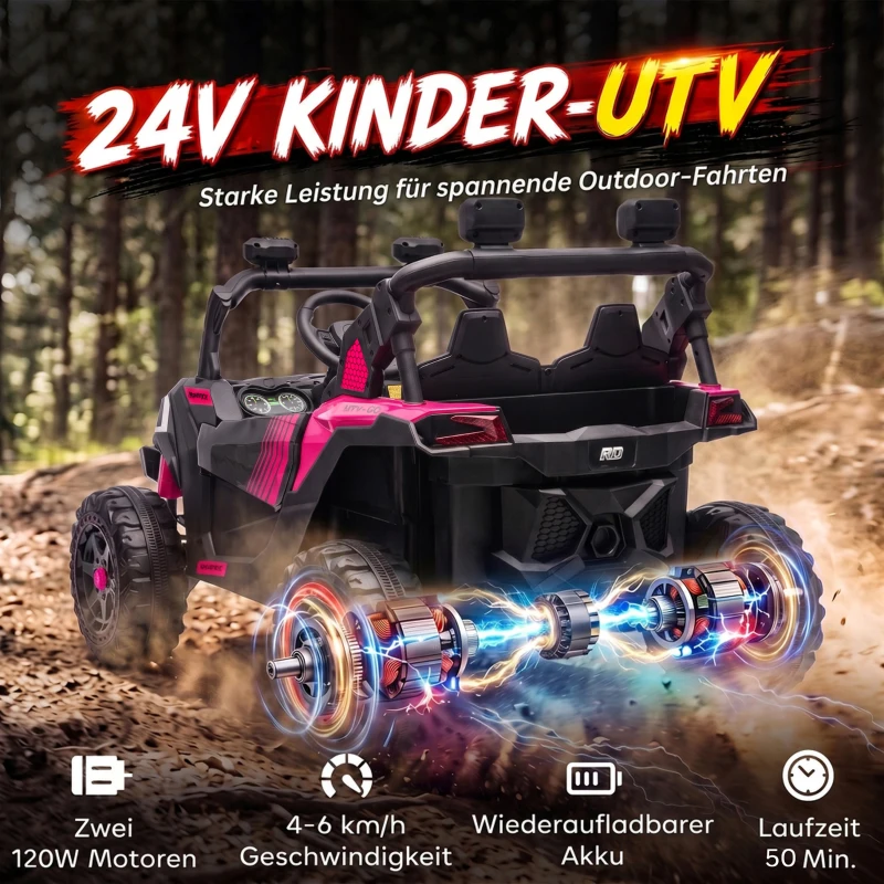 AIYAPLAY Elektrische kinderauto UTV 24V, 2-zits, met lithium-accu, 2,4 GHz-afstandsbediening, 2 x 120W motoren en softstart