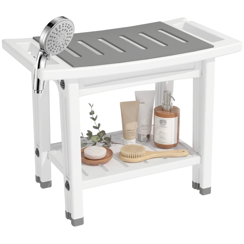 HOMCOM Shower Bench 2-Tier Shower Stool Bathroom with Shelf White and Grey