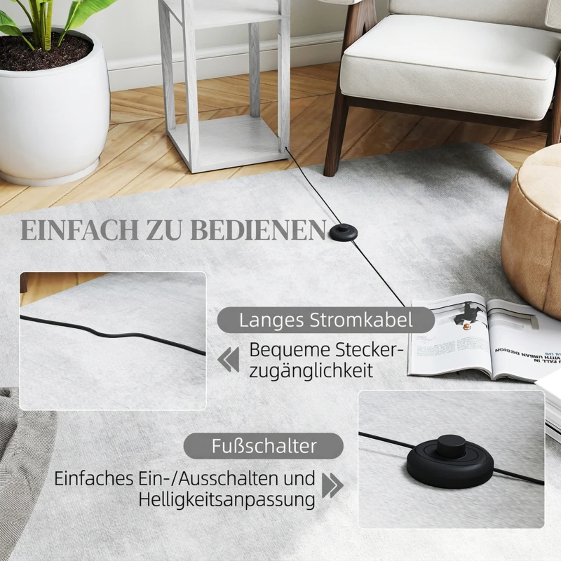 HOMCOM LED vloerlamp met planken, moderne dimbare staande lamp met 3 helderheidsniveaus en voetschakelaar, wit