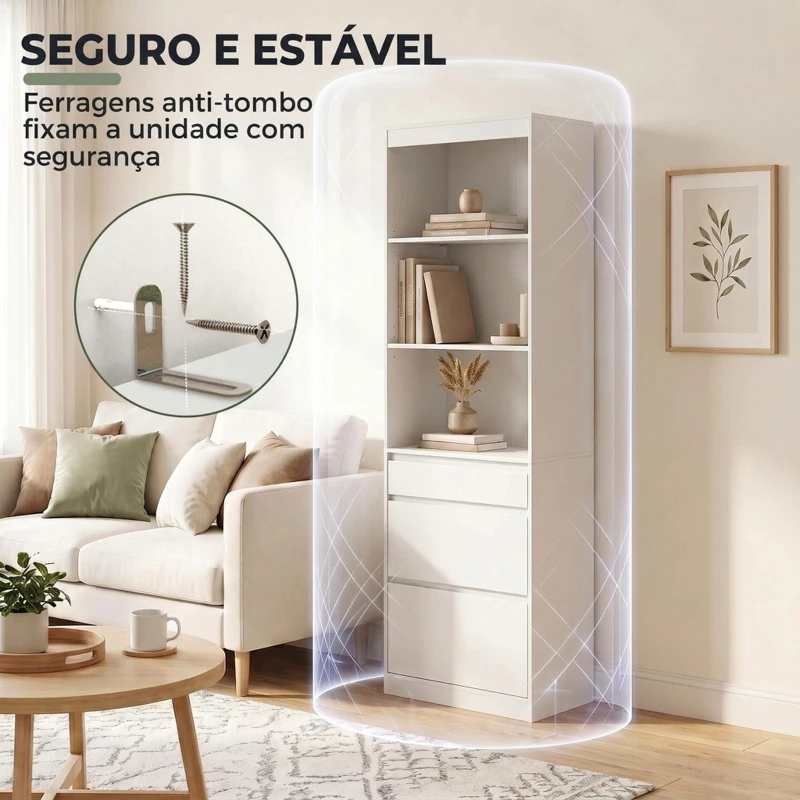 HOMCOM Estante para Livros Alta e Estreita com 6 Níveis 3 Gavetas e 3 Compartimentos Abertos 57x30x180 cm Branco
