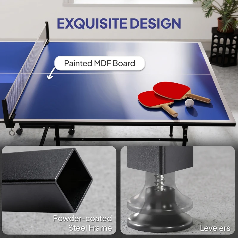 SPORTNOW 9FT Folding Table Tennis Table with Four Wheels, for Indoor Use, Blue