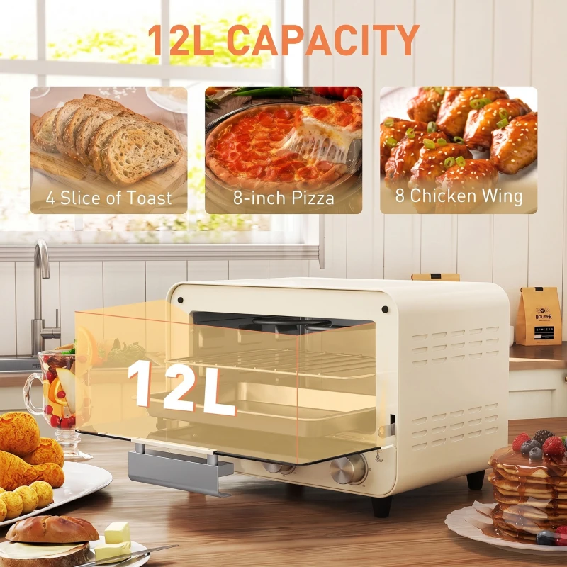 HOMCOM Mini Oven, Small Toaster Oven with Glass Door, Adjustable Temperature and Timer, Accessory Included, 750W, Cream White