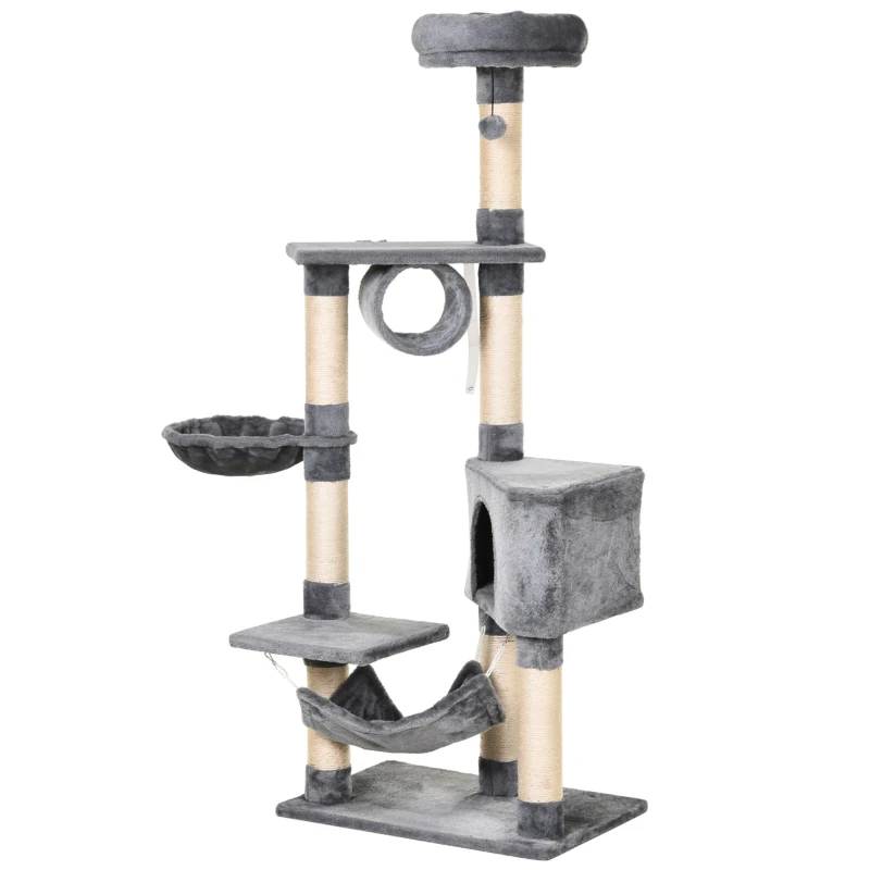 PawHut Torre para Gatos 154 cm con Plataformas Túnel Hamaca y Postes de Rascado de Sisal 60x40x154 cm Gris