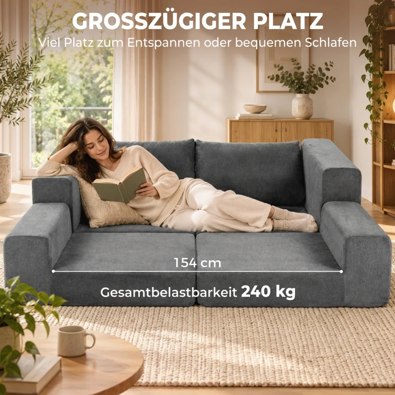 HOMCOM Sofa rozkładana 4-w-1 z funkcją spania, rozkładana, poduszki, 2-osobowa, szara