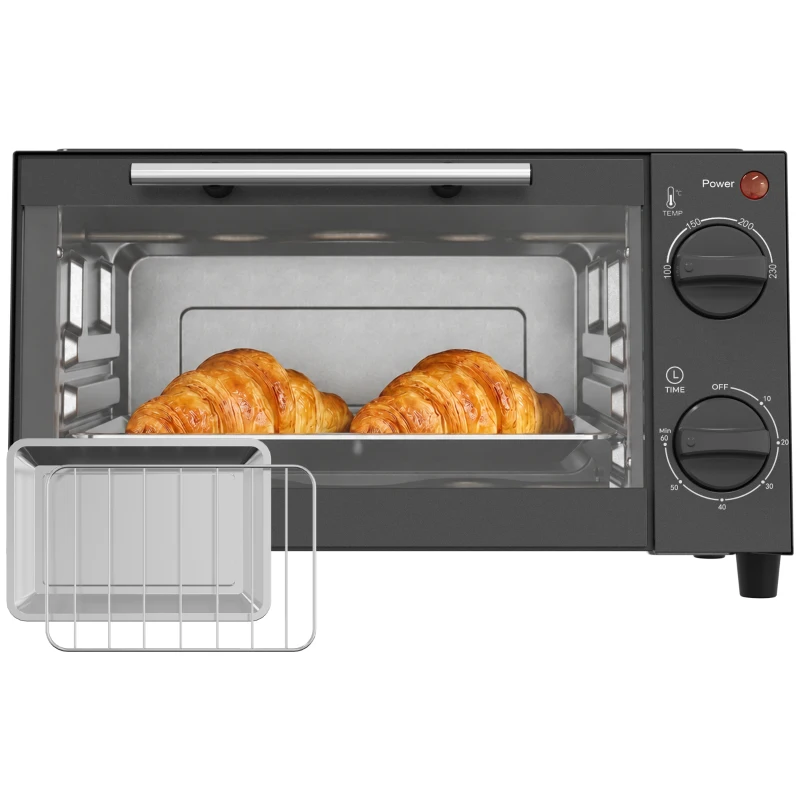 HOMCOM Mini Horno Eléctrico 9L Horno Eléctrico Sobremesa 750W con Temperatura Ajustable Temporizador 35x24,6x20 cm Gris