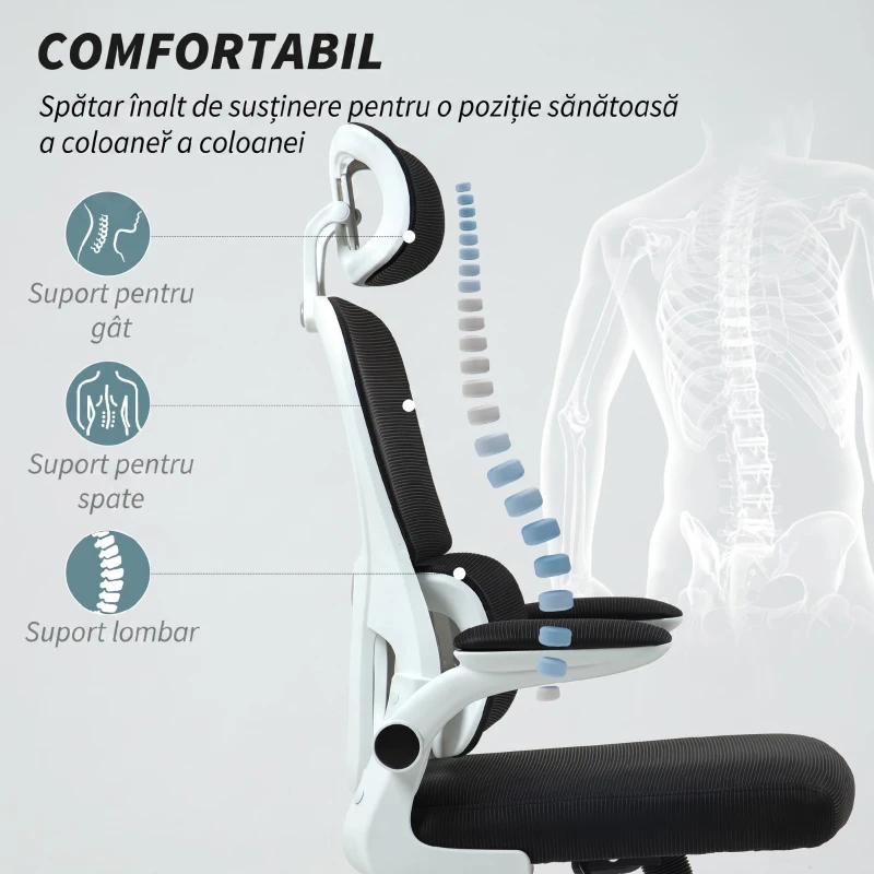 HOMCOM Scaun Ergonomic de Birou cu Înălțime Reglabilă, Brațe Rabatabile și Tetieră, 62x61x112-120 cm, Negru