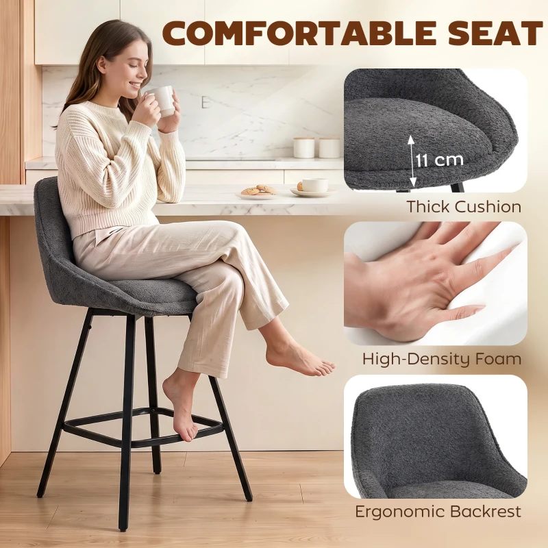 HOMCOM Bar Stools Set of 2, 64 cm Modern Linen-Touch Fabric 360° Swivel Counter Height Bar Chairs, Dark Grey