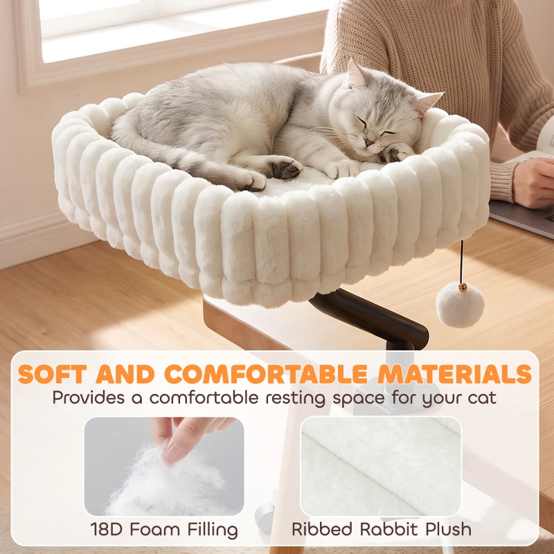 PawHut Cat Desk Bed, Rotatable Raised Cat House for Desk, Window, Soft Kitten Hammock with Hanging Ball, White