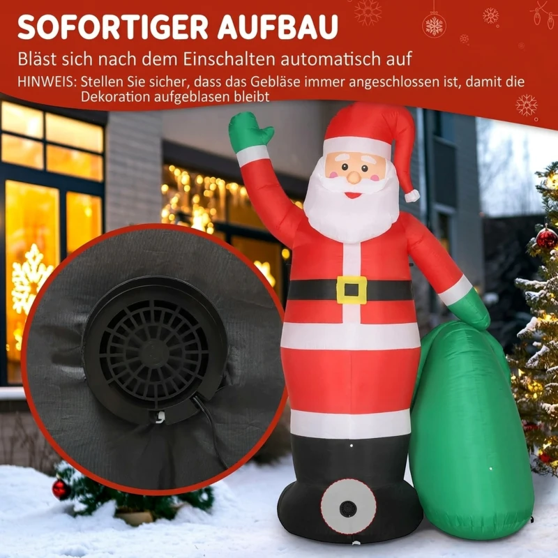 Outsunny Opblaasbare kerstman 275 cm met zak en beer, kerstdecoratie met ingebouwde ledverlichting