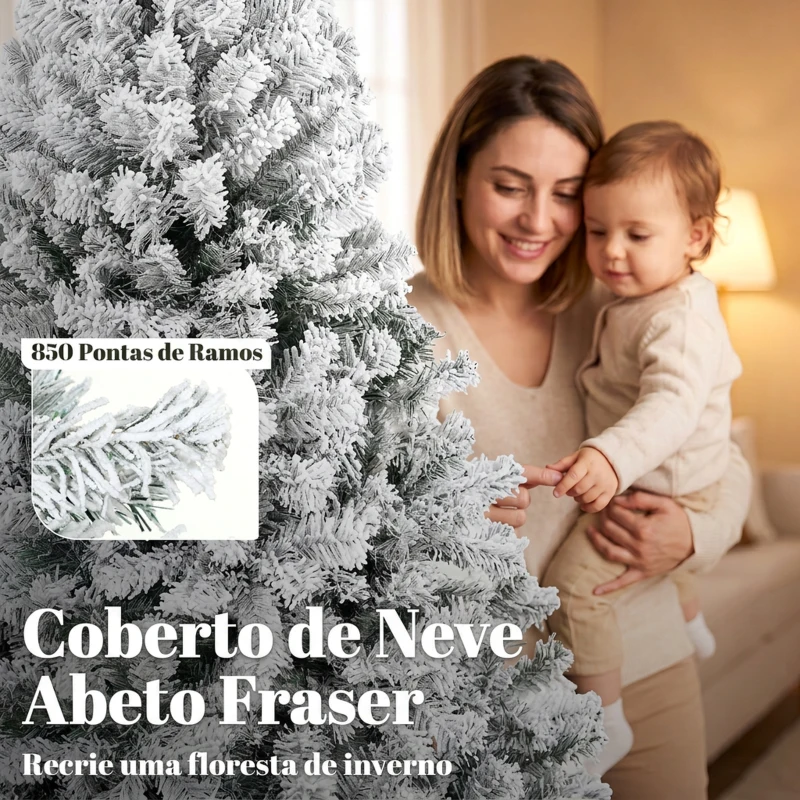 HOMCOM Árvore de Natal nevada com luzes LED 200 cm, abeto Fraser, ramos articulados, base metálica dobrável, verde e branco