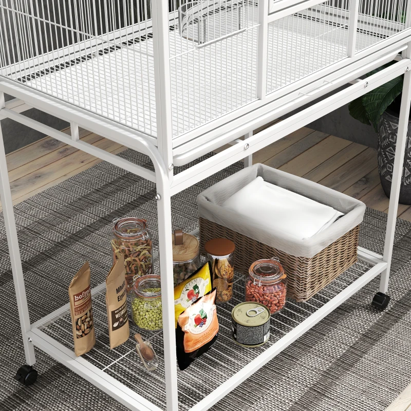 PawHut Cage à Oiseaux Portable avec 4 Mangeoires et 4 Perchoirs Pratique 81 x 48 x 162,5 cm Blanc