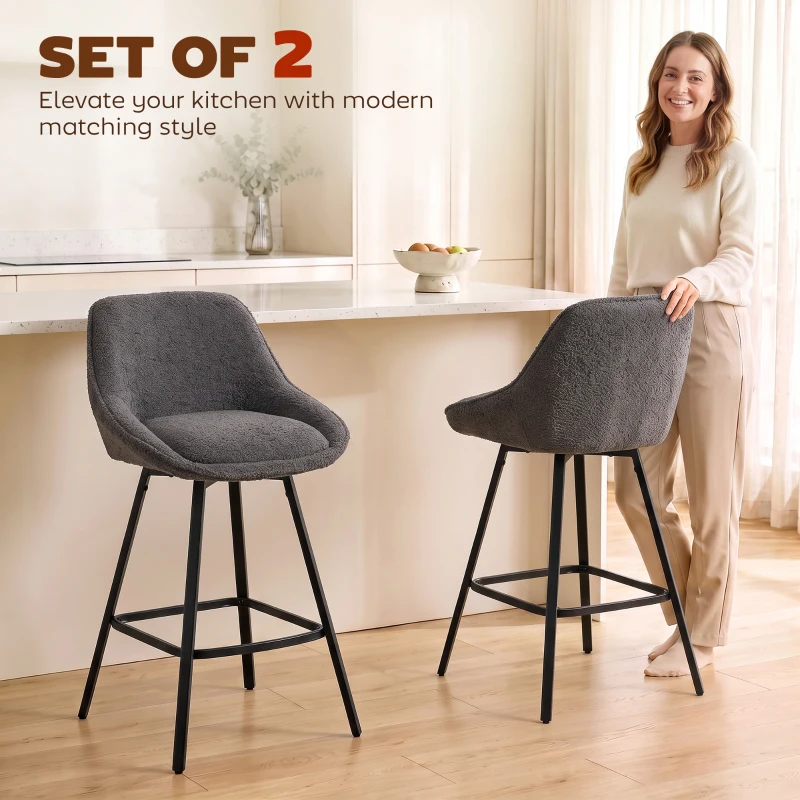 HOMCOM Bar Stools Set of 2, 64 cm Modern Linen-Touch Fabric 360° Swivel Counter Height Bar Chairs, Dark Grey