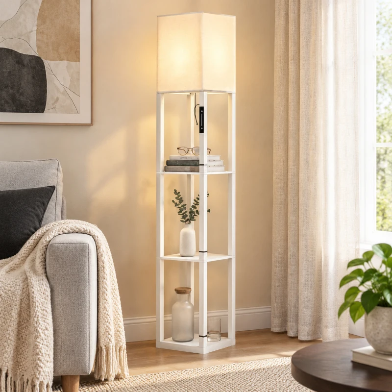 HOMCOM Lámpara de Pie con 3 Estantes Luz LED Regulable Control Táctil y Remoto Pantalla de Tela Bombilla Incluida Blanco