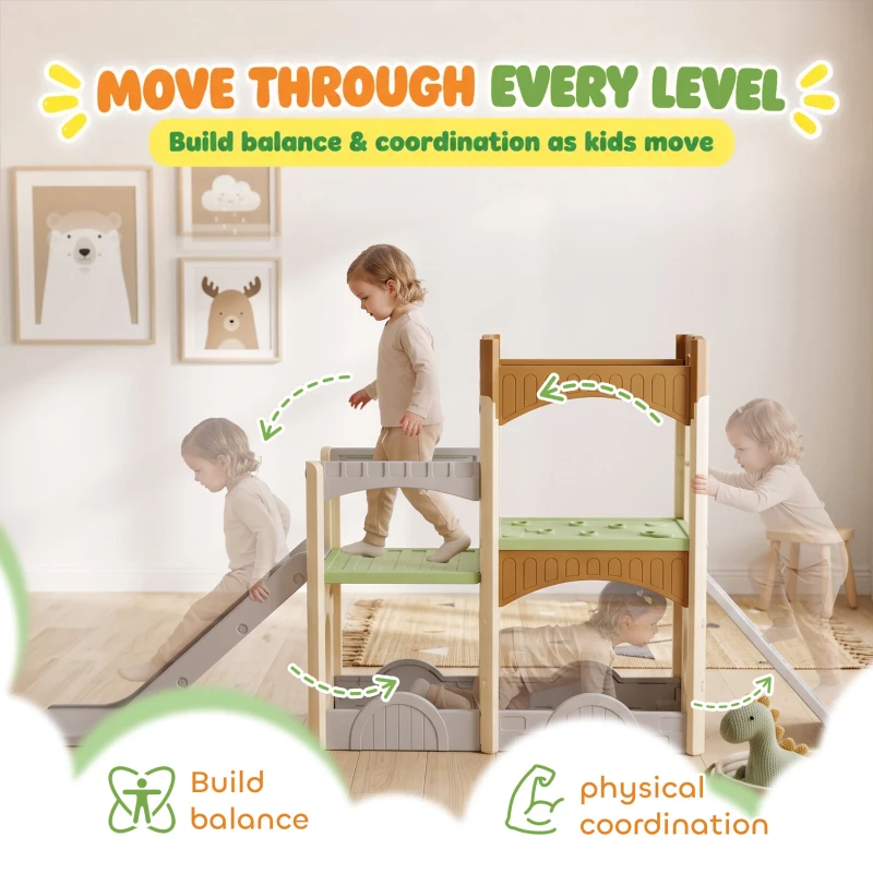 AIYAPLAY 5 in 1 Kids Indoor Playset Toddler Slide with Climbing Wall Storage Space Dual Platforms Indoor Playground for 3-6 Years
