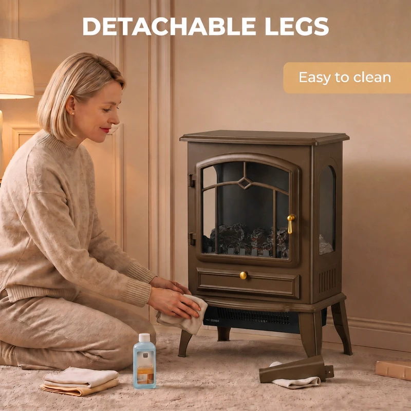 HOMCOM Electric Fireplace Stove, 1000/2000W 3-Sided Freestanding Fireplace Heater with 3D Flame Log, Thermostat, Brown