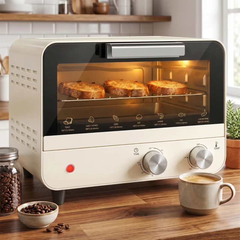 HOMCOM Mini Oven, Small Toaster Oven with Glass Door, Adjustable Temperature and Timer, Accessory Included, 750W, Cream White