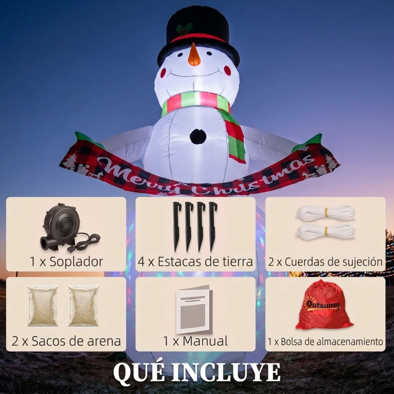 Outsunny Muñeco de Nieve Hinchable de Navidad 205 cm con Luces LED y Música Decoración Navideña para Jardín Patio Terraza Casa