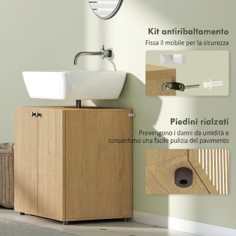 HOMCOM Mobile Sottolavabo per Bagno con 2 Ante Chiusura Morbida, Ripiano Regolabile, per Lavabi senza Colonna, Rovere