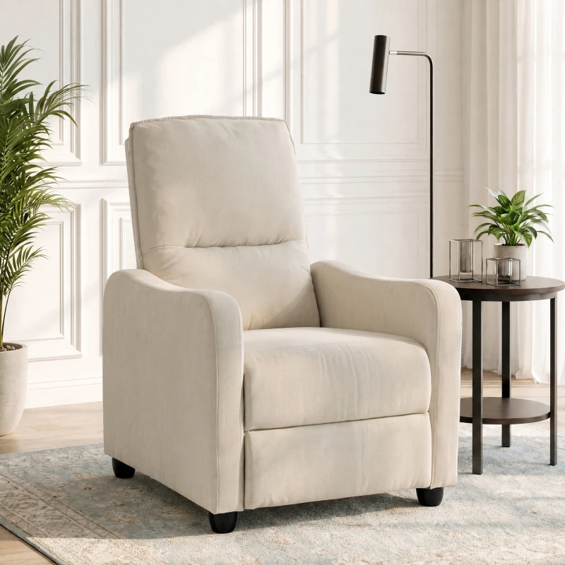 HOMCOM Manuell verstellbarer Relaxsessel bis 155° mit Leinenoptik-Stoff, Fußstütze, Taschenfedern, dicker Polsterung, Creme
