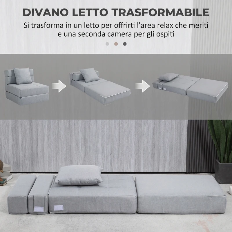 HOMCOM Divano Letto, con Cuscino Lavabile, Tessuto Effetto Lino Traspirante per Casa Lettura, Grigio Chiaro