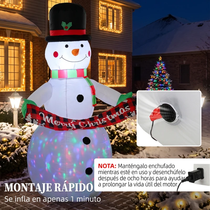Outsunny Muñeco de Nieve Hinchable de Navidad 205 cm con Luces LED y Música Decoración Navideña para Jardín Patio Terraza Casa