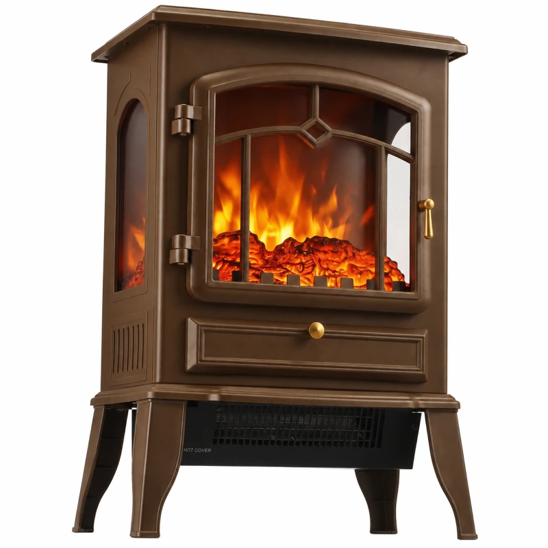 HOMCOM Electric Fireplace Stove, 1000/2000W 3-Sided Freestanding Fireplace Heater with 3D Flame Log, Thermostat, Brown