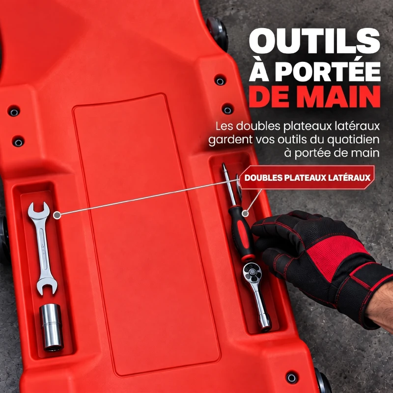 HOMCOM Chariot de Visite Mécanicien Planche à Roulettes Ergonomique Appui-Tête Rembourré et Range-Outils 101x46x12cm Rouge