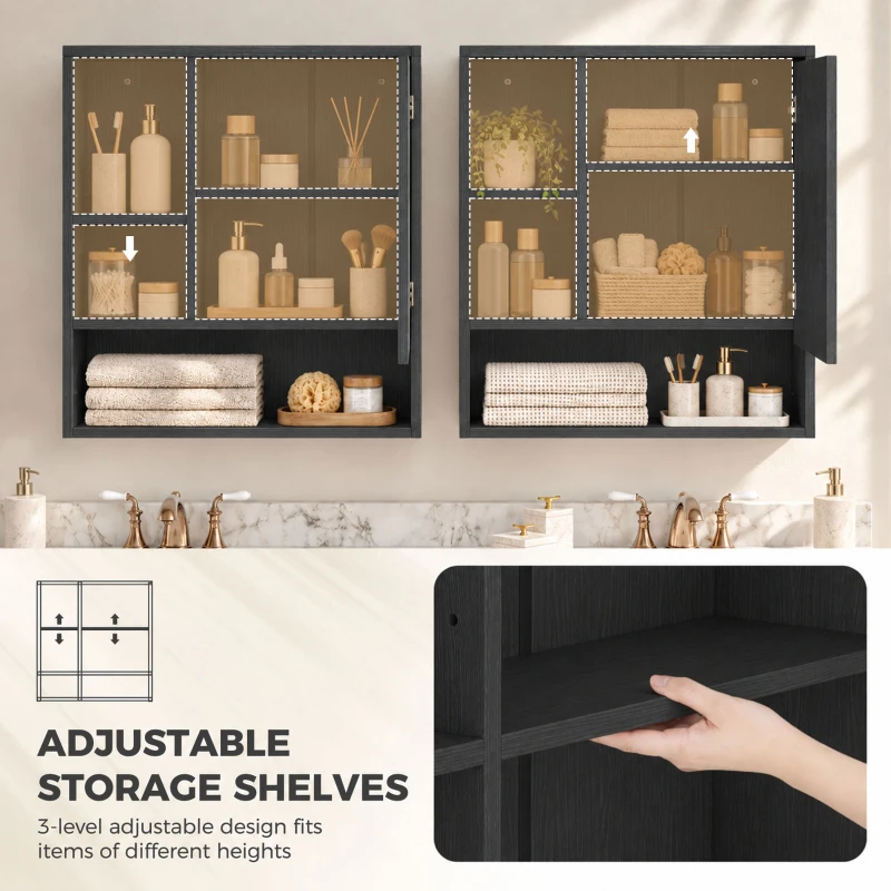 HOMCOM Bathroom Mirror Cabinet, Wall-Mounted Bathroom Cabinet with Mirror Door, Adjustable Shelves, Black