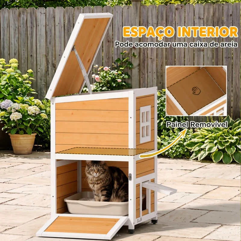 PawHut Casa de Madeira para Gatos de Exterior 2 Níveis com 3 Portas e Janela Amarela
