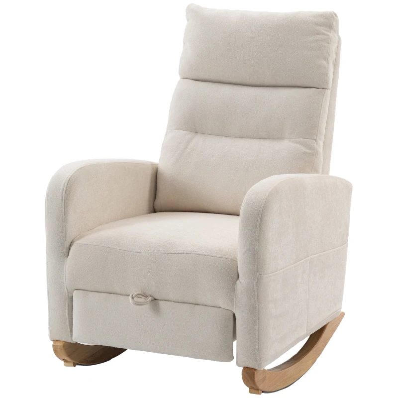 HOMCOM Upholstered Rocking Chair Retractable Footrest Rocker Chair High Back for Living Room Cream White